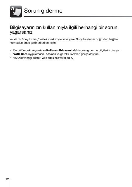 Sony VPCSB1V9E - VPCSB1V9E Guida alla risoluzione dei problemi Turco