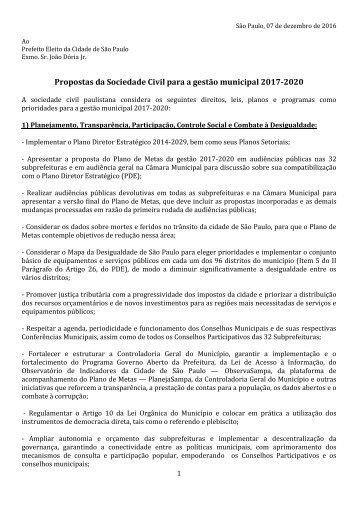 Propostas da Sociedade Civil para a gestão municipal 2017-2020