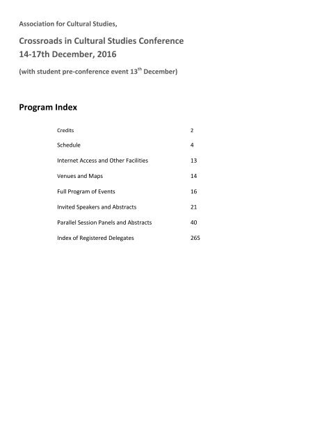 Crossroads in Cultural Studies Conference 14-17th December 2016 Program Index