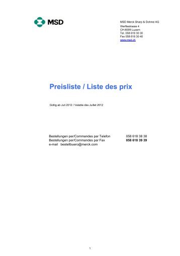 Preisliste / Liste des prix