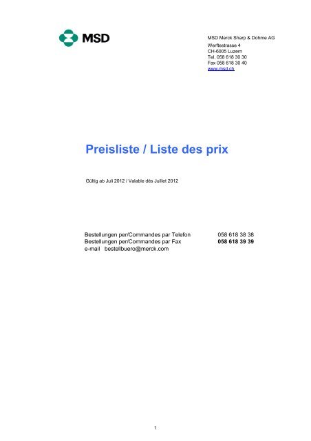 Preisliste / Liste des prix