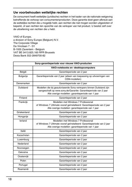 Sony VPCEA2C5E - VPCEA2C5E Documenti garanzia Olandese