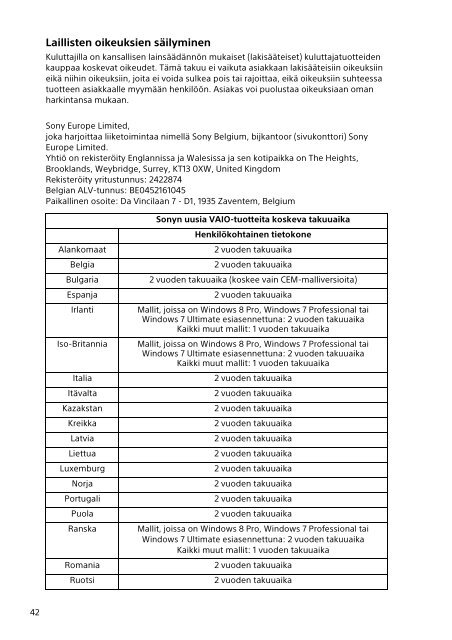 Sony SVP1321J1E - SVP1321J1E Documenti garanzia Finlandese