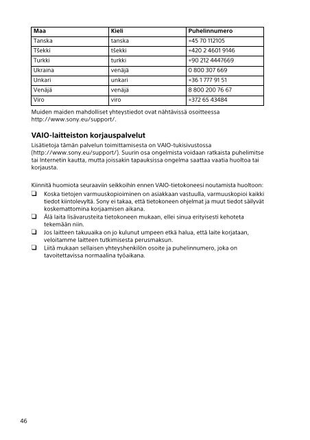 Sony SVP1321J1E - SVP1321J1E Documenti garanzia Finlandese