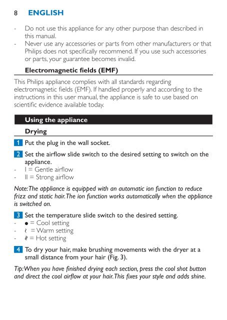 Philips SalonDry Active ION S&egrave;che-cheveux - Mode d&rsquo;emploi - ZHT