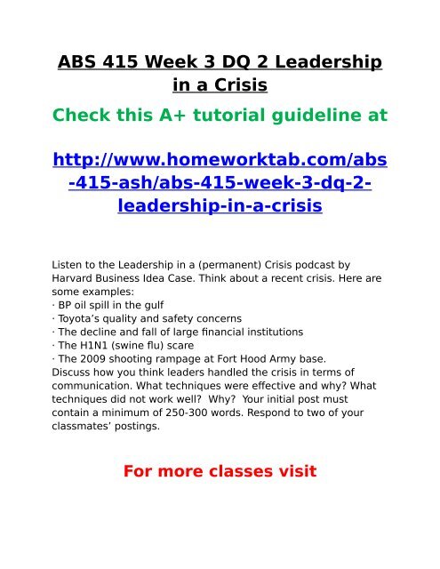 ASH ABS 415 Week 3 DQ 2 Leadership in a Crisis