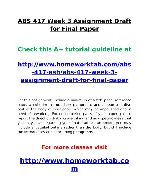 ABS 417 Week 3 Assignment Draft for Final Paper
