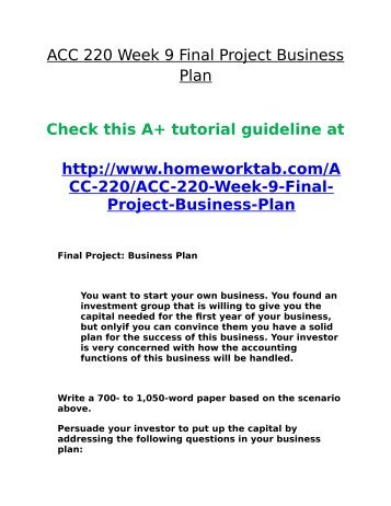 ACC 220 Week 9 Final Project Business Plan