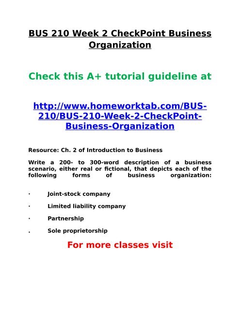 Bus 210 Week 2 Checkpoint Business Organization