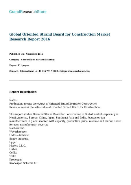 Global Oriented Strand Board for Construction Market Research Report 2016