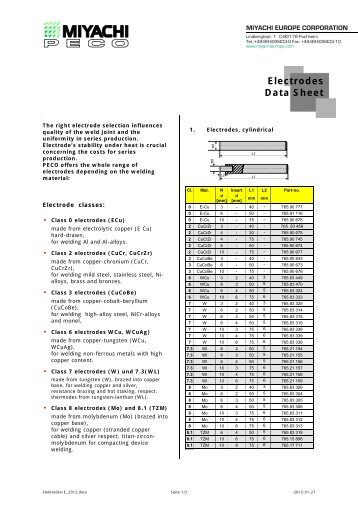 Electrodes Data Sheet - Miyachi Europe