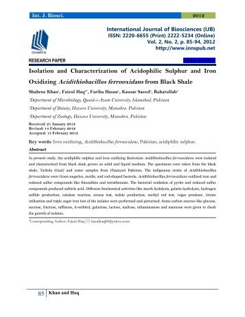 Isolation and Characterization of Acidophilic Sulphur and Iron Oxidizing Acidithiobacillus ferrooxidans from Black Shale