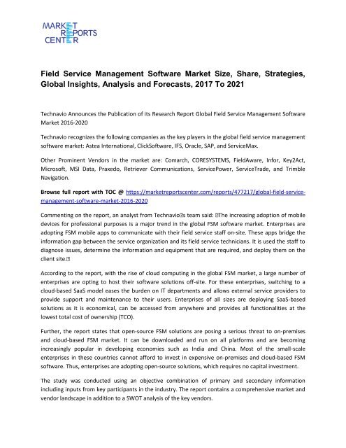 Field Service Management Software Market Size, Share, Analysis and Forecasts, 2017 To 2021