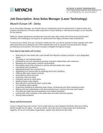 Job Description: Area Sales Manager (Laser ... - Miyachi Europe