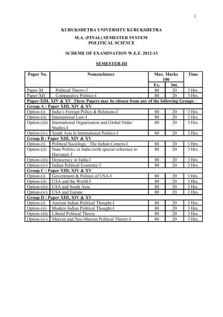 Department Of Political Science Kurukshetra University