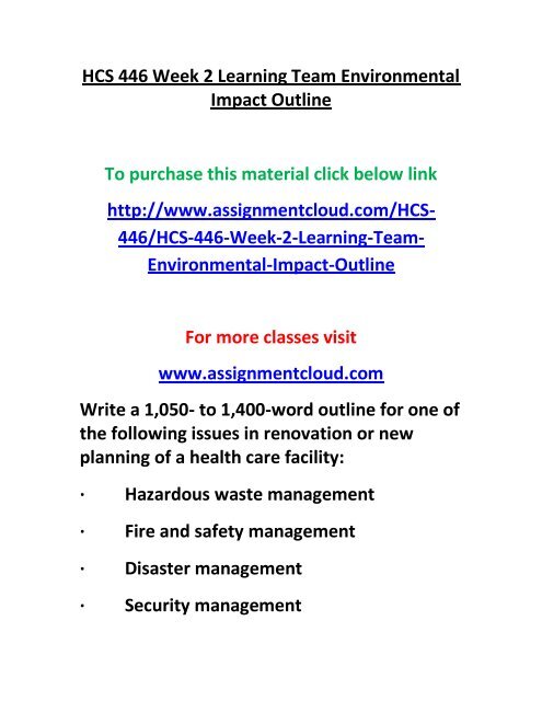 UOP HCS 446 Week 2 Learning Team Environmental Impact Outline