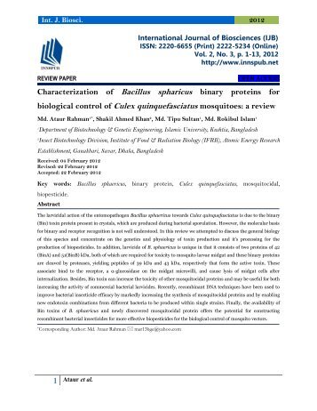 Characterization of Bacillus spharicus binary proteins for biological control of Culex quinquefasciatus mosquitoes: a review