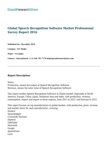Global Speech Recognition Software Market Professional Survey Report 2016