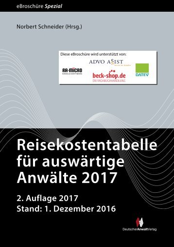 Reisekostentabelle für auswärtige Anwälte 2017