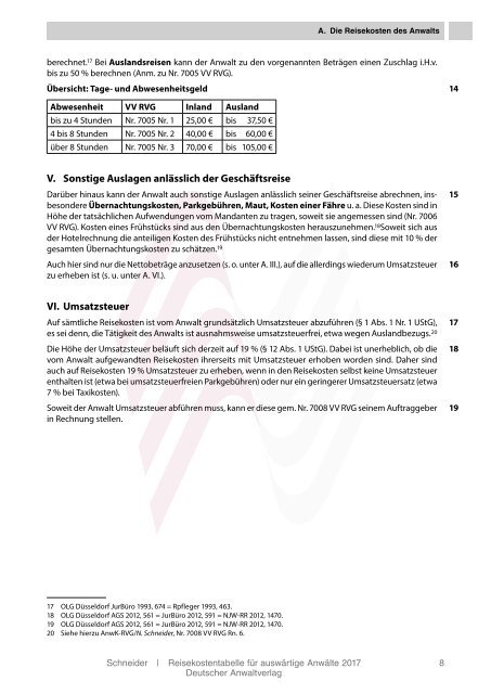 Reisekostentabelle für auswärtige Anwälte 2017