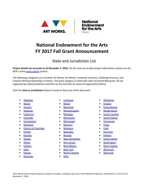 National Endowment for the Arts FY 2017 Fall Grant Announcement