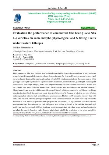 Evaluation the performance of commercial faba bean (Vicia faba L.) varieties on some morpho-physiological and N-fixing Traits under Eastern Ethiopia