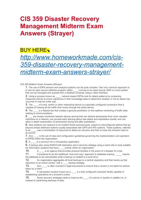 CIS 359 Disaster Recovery Management Midterm Exam Answers