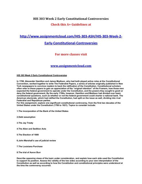 ash HIS 303 Week 2 Early Constitutional Controversies