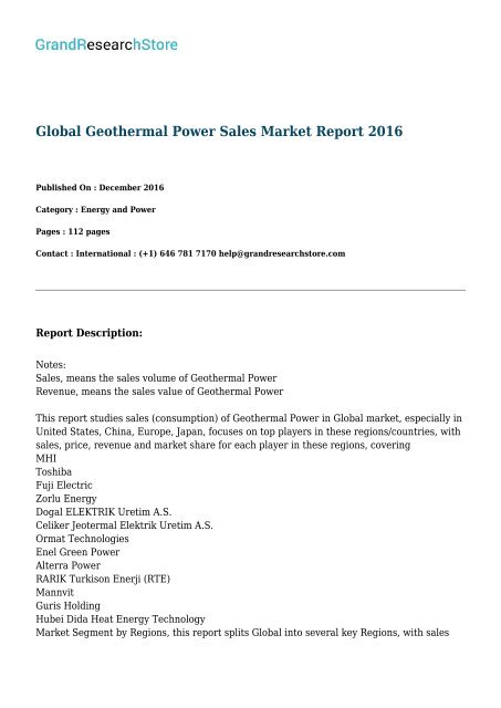Global Geothermal Power Sales Market Report 2016 