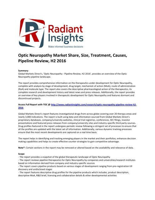Optic Neuropathy Market Share, Treatment, Causes, Pipeline Review, H2 2016