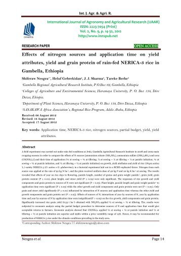 Effects of nitrogen sources and application time on yield attributes, yield and grain protein of rain-fed NERICA-3 rice in Gambella, Ethiopia - IJAAR
