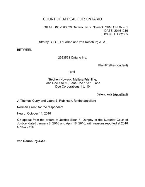 COURT OF APPEAL FOR ONTARIO