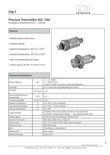 Pressure Transmitter S02 / S04 F08-T - MP-SENSOR GmbH