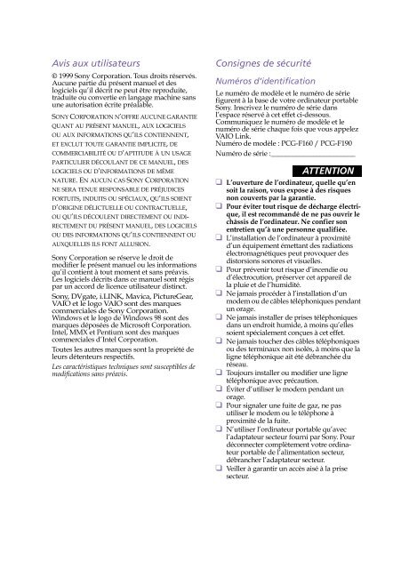 Sony PCG-F190 - PCG-F190 Istruzioni per l'uso Francese