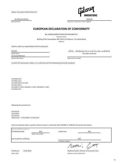 Philips Lecteur de CD - D&eacute;claration de conformit&eacute; - NLD