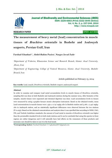 The measurement of heavy metal (lead) concentration in muscle tissues of Brachirus orientalis in Bushehr and Asalouyeh seaports, Persian Gulf, Iran