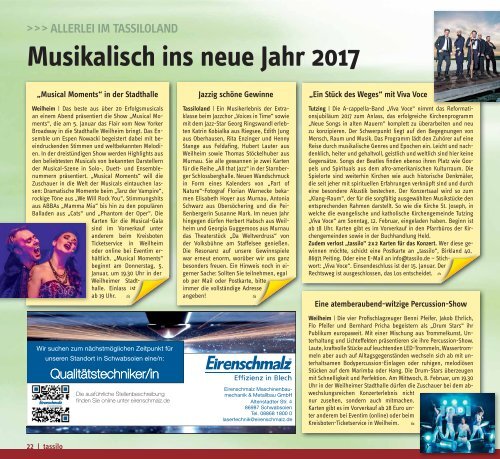 Tassilo, Ausgabe Januar/Februar 2017 - Das Magazin rund um Weilheim und die Seen