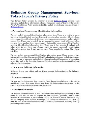 Bellmore Group Management Services, Tokyo Japan’s Privacy Policy