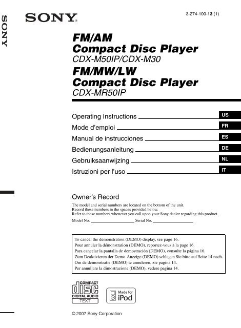 Sony CDX-M50iP - CDX-M50IP Istruzioni per l'uso Olandese