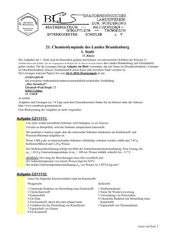 21. Chemieolympiade des Landes Brandenburg 1. Stufe