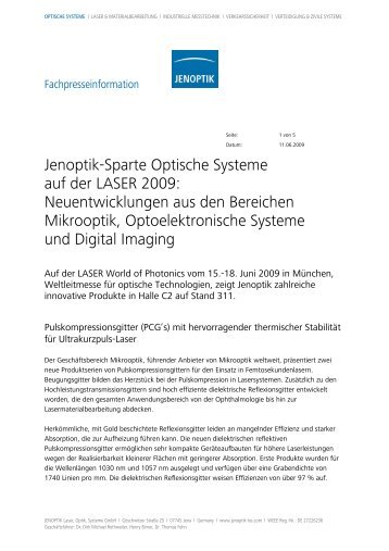 Jenoptik-Sparte Optische Systeme auf der LASER 2009 - PresseBox