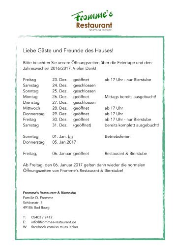 Fromme's Restaurant Öffnungszeiten Jahreswechsel 2016/17