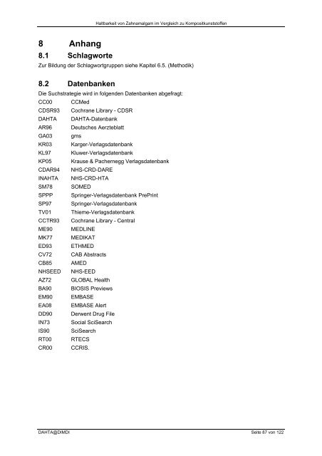 Haltbarkeit von Zahnamalgam im Vergleich zu ... - DIMDI