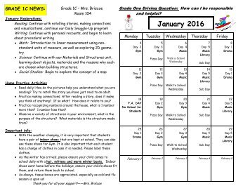 January 2016 Calendar and Curriculum