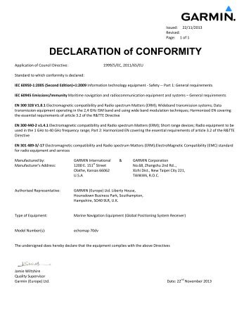 Garmin Declarations of Conformity - echoMAP 70dv