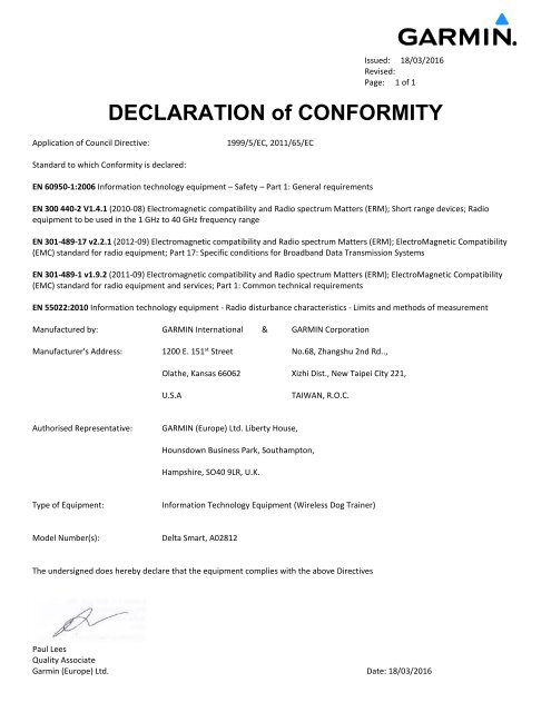 Garmin Declarations of Conformity - Delta Smart
