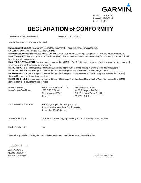 Garmin Declarations of Conformity - epix