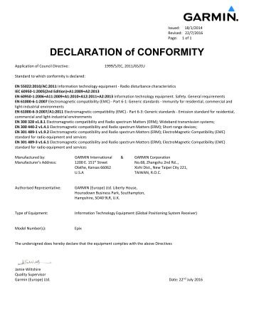 Garmin Declarations of Conformity - epix