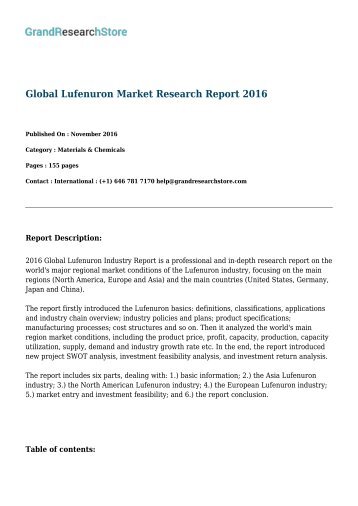 Global Lufenuron Market By Countries (United States, Germany, Japan and China) Research Report 2016