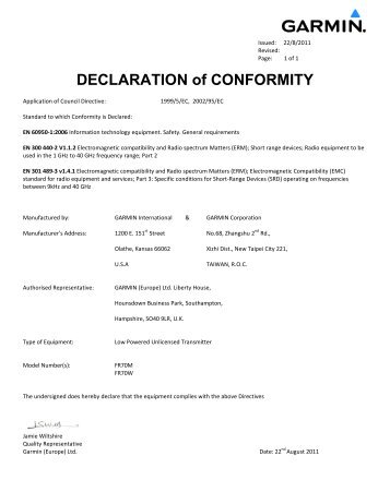 Garmin Declarations of Conformity - FR 70